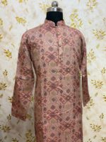 Rust Pink Ikat-Weave Silk Kurta with Subtle Golden Accents