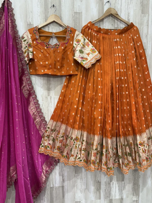 Pure tissue pithani lehenga paired with maggam work blouse and matching dupatta