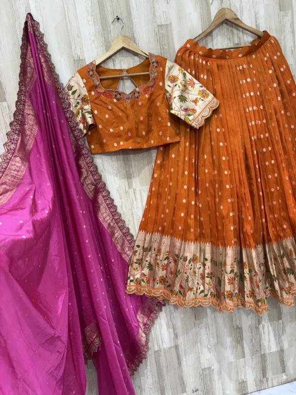 Pure tissue pithani lehenga paired with maggam work blouse and matching dupatta