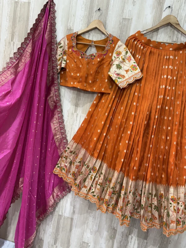 Pure tissue pithani lehenga paired with maggam work blouse and matching dupatta