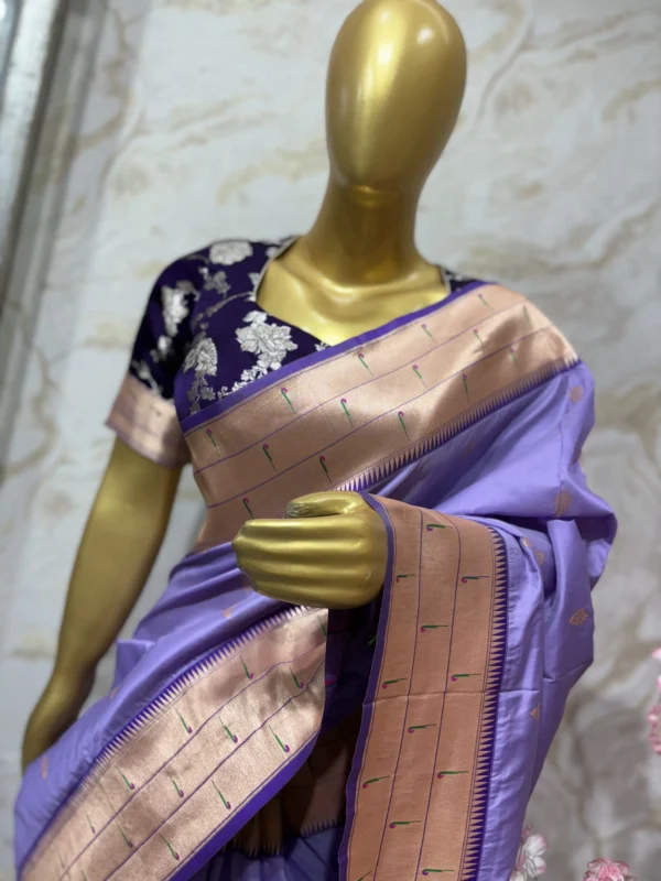 Lavender silk saree having rich pithani border paired with beautiful blouse