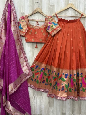 Pithani lehenga paired with heavy maggam work scalap blouse & pure silk muniya dupatta