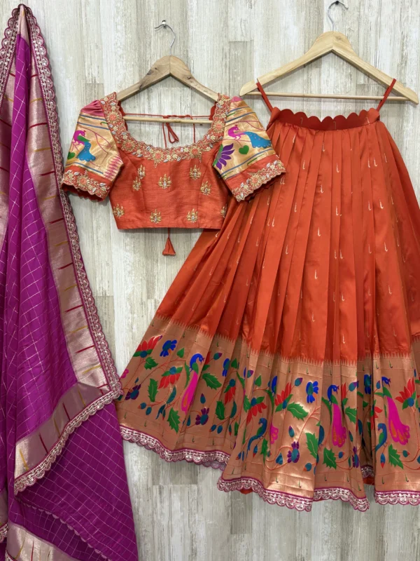 Pithani lehenga paired with heavy maggam work scalap blouse & pure silk muniya dupatta