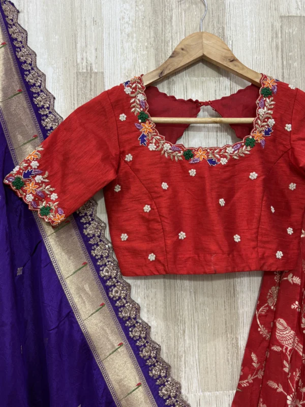 Pure munga crepe lehenga paired up with beautiful maggam work blouse & muniya dupatta