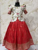 Kids banaras pattu lehenga paired up with beautiful kalamkari maggam work blouse