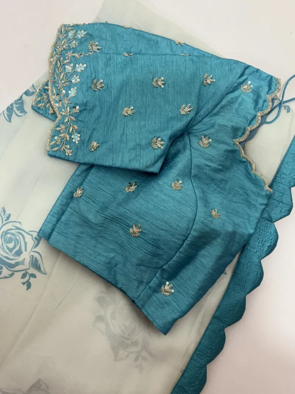 Pure georgette saree having pretty scalap border paired with maggam work blouse