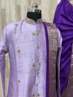 Pure rawsilk sherwani with beautiful maggam work paired with matching dhoti & kanduva