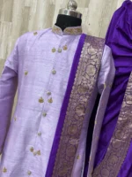 Pure rawsilk sherwani with beautiful maggam work paired with matching dhoti & kanduva