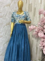 Kalamkari long gown with beautiful maggam highlights and with heavy flare