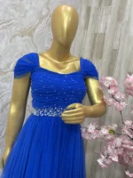 Designer long gown with maggam work yoke and waist belt