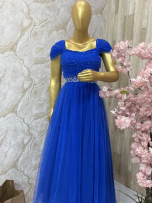 Designer long gown with maggam work yoke and waist belt