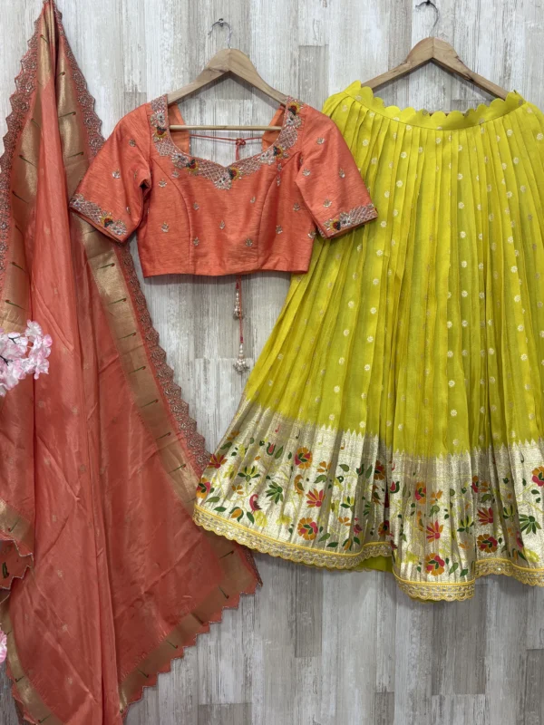 Tissue pithani lehenga paired up with beautiful maggam work blouse & muniya dupatta