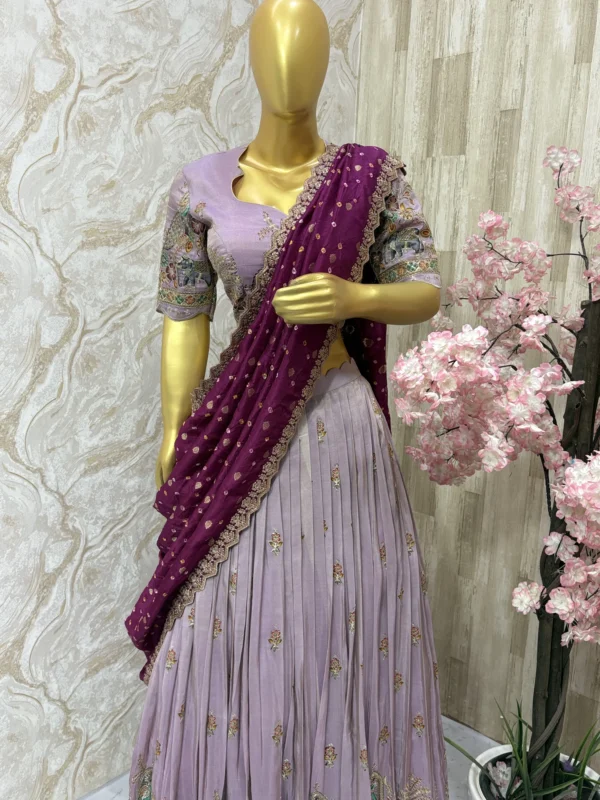 Kalamkari tissue lehenga set paired up with bandhini silk cut work dupatta