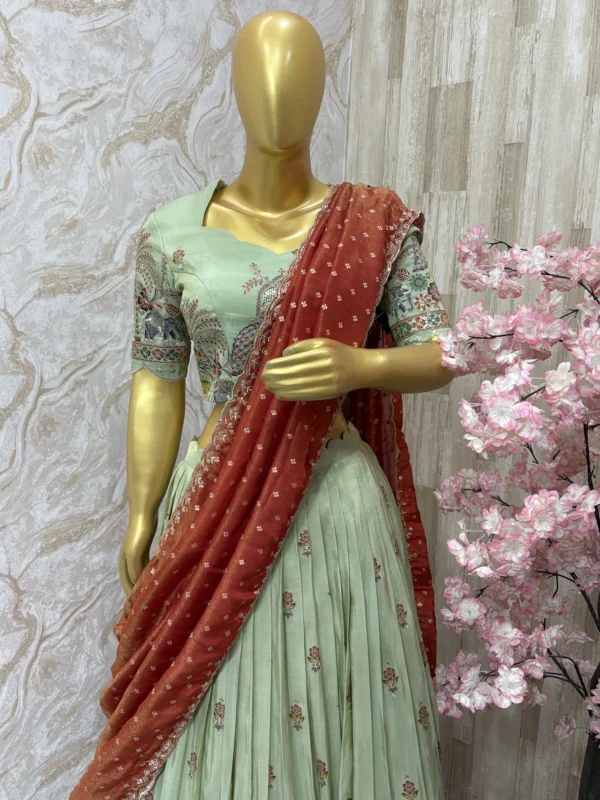 Pure tissue kalamkari lehenga set paired up with beautiful tissue dupatta