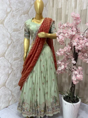 Pure tissue kalamkari lehenga set paired up with beautiful tissue dupatta