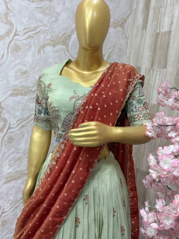 Pure tissue kalamkari lehenga set paired up with beautiful tissue dupatta