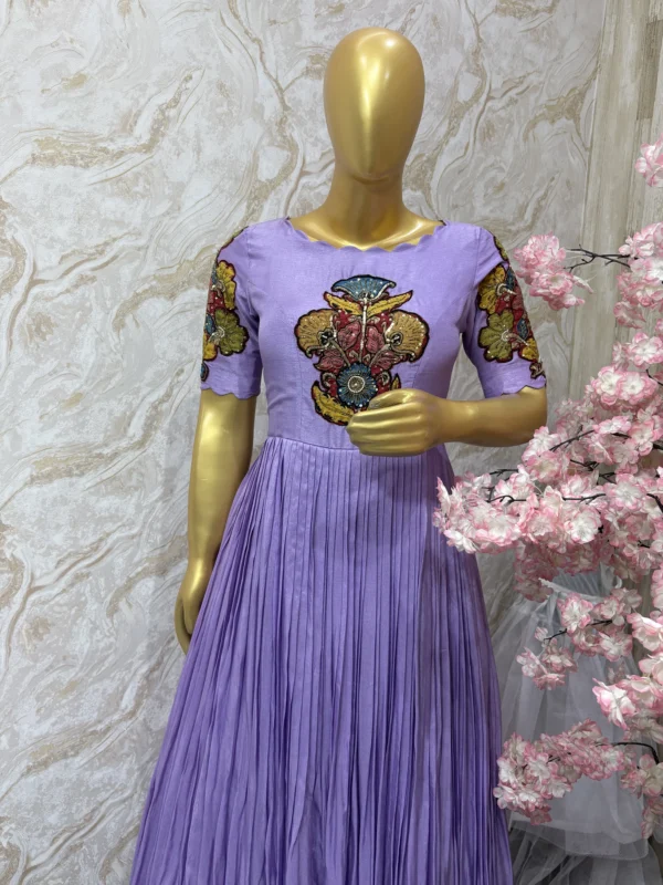 Hand painted pure pen kalamkari applique work long gown