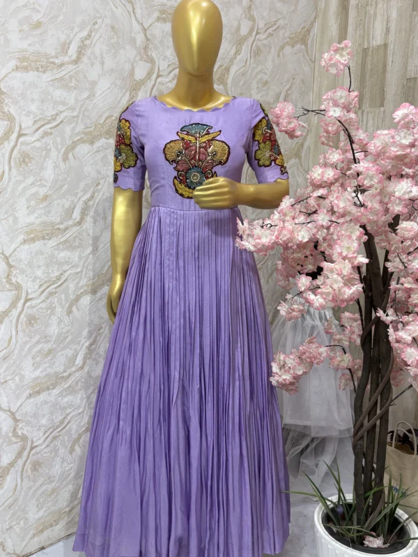 Hand painted pure pen kalamkari applique work long gown