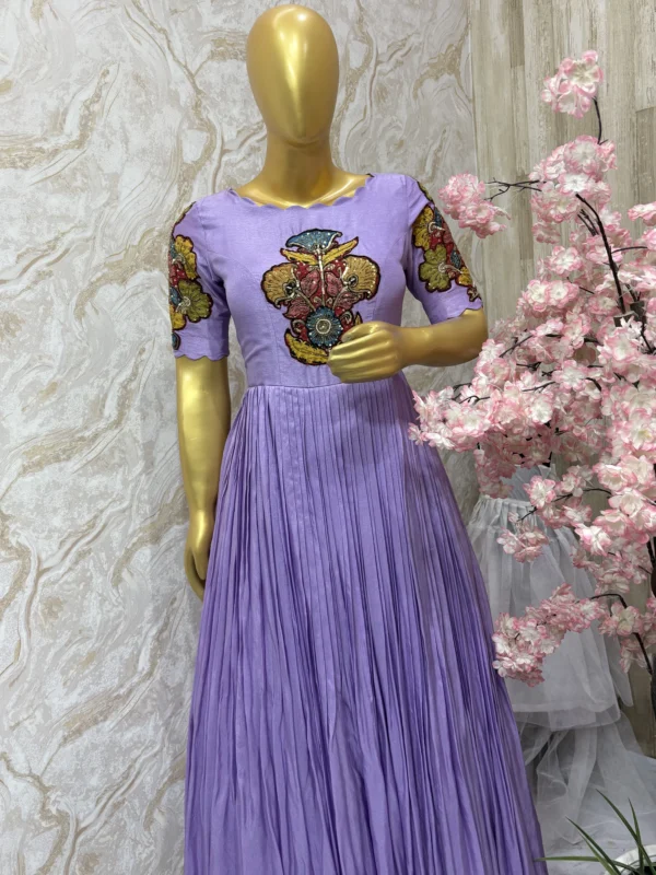 Hand painted pure pen kalamkari applique work long gown