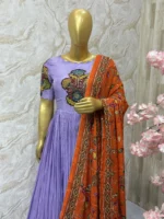 Hand painted pen kalamkari applique work long gown with dupatta