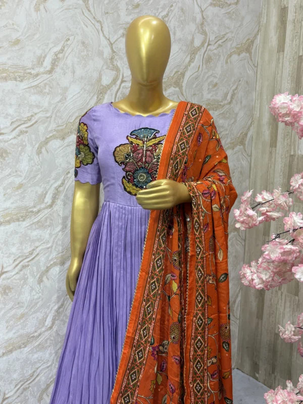 Hand painted pen kalamkari applique work long gown with dupatta