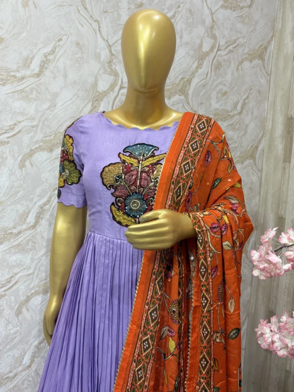 Hand painted pen kalamkari applique work long gown with dupatta