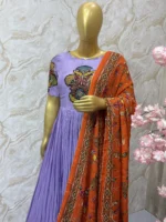 Hand painted pen kalamkari applique work long gown with dupatta