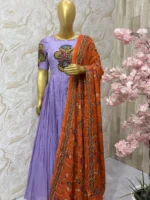 Hand painted pen kalamkari applique work long gown with dupatta