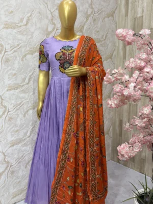 Hand painted pen kalamkari applique work long gown with dupatta