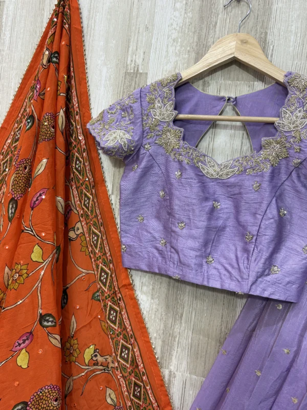 Tissue lehenga having all over sequin work with beautiful maggam work blouse & kalamkari dupatta