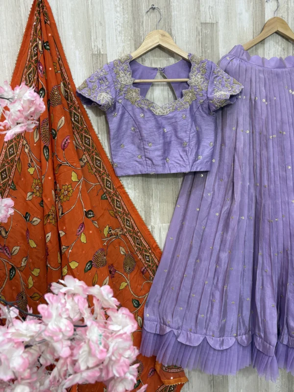 Tissue lehenga having all over sequin work with beautiful maggam work blouse & kalamkari dupatta