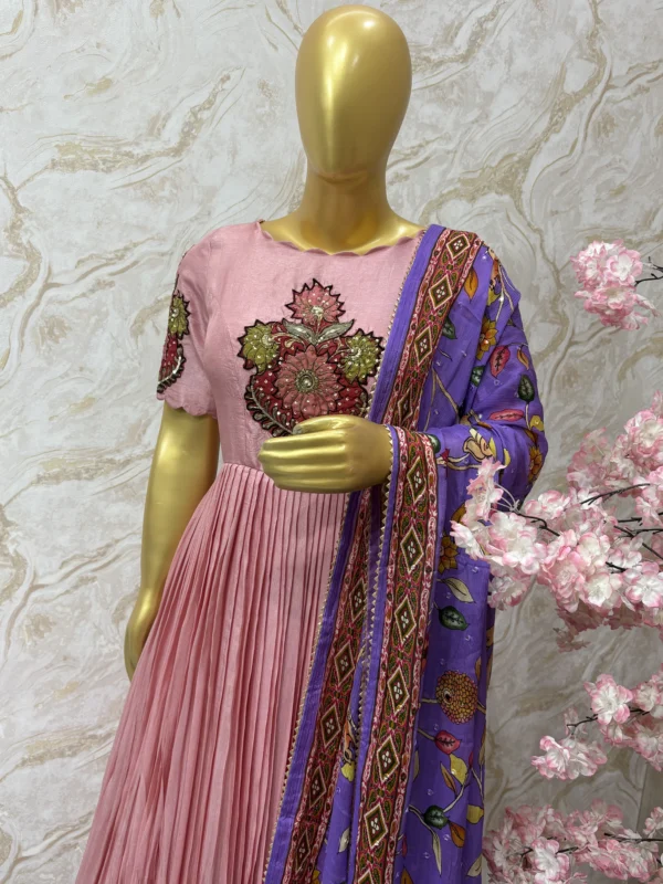 Pen kalamkari applique work long gown with kalamkari dupatta