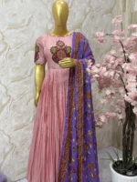 Pen kalamkari applique work long gown with kalamkari dupatta