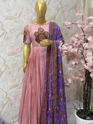 Pen kalamkari applique work long gown with kalamkari dupatta