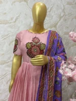 Pen kalamkari applique work long gown with kalamkari dupatta