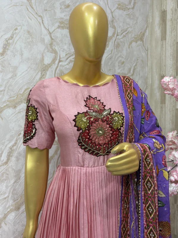 Pen kalamkari applique work long gown with kalamkari dupatta