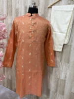 Tissue kurta with brocade weaving paired with cream colour pijama