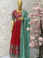 Kalamkari long gown paired up with matching dupatta