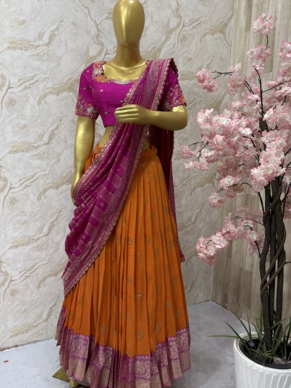 Crush tissue lehenga having beautiful border paired with maggam work blouse & crush tissue dupatta