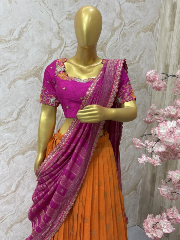 Crush tissue lehenga having beautiful border paired with maggam work blouse & crush tissue dupatta