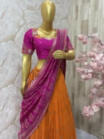 Crush tissue lehenga having beautiful border paired with maggam work blouse & crush tissue dupatta