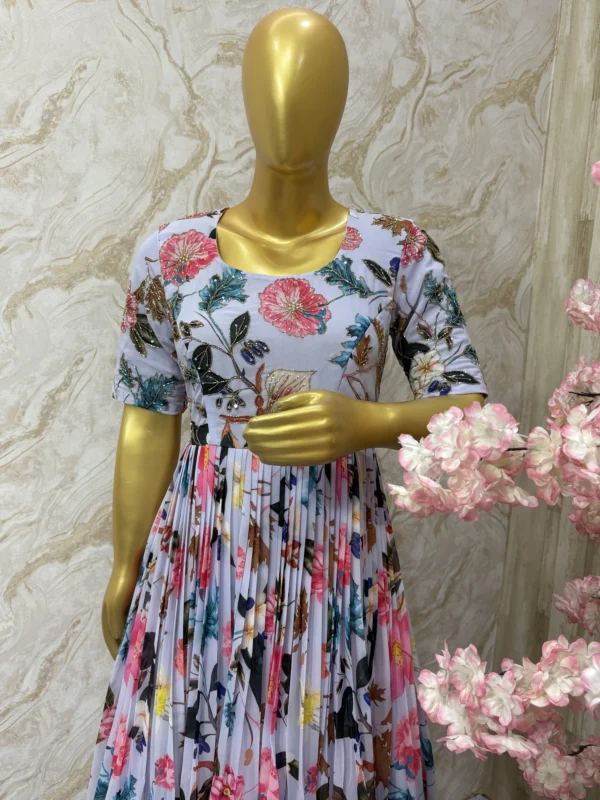 Floral long gown having maggam highlights on yoke part & hands