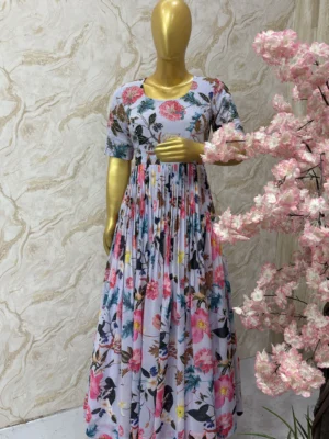 Floral long gown having maggam highlights on yoke part & hands