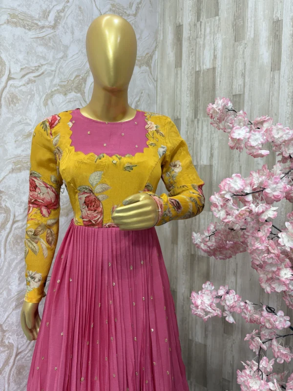 Beautiful designer long gown with floral yoke part