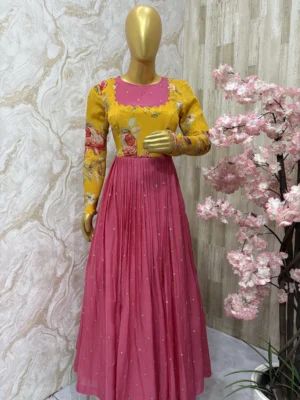 Beautiful designer long gown with floral yoke part