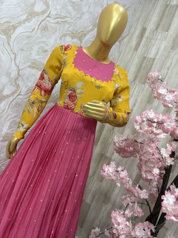 Beautiful designer long gown with floral yoke part