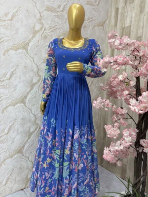 Floral georgette long gown with beautiful maggam work