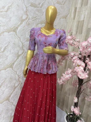 Floral peplum top paired with sequin work skirt