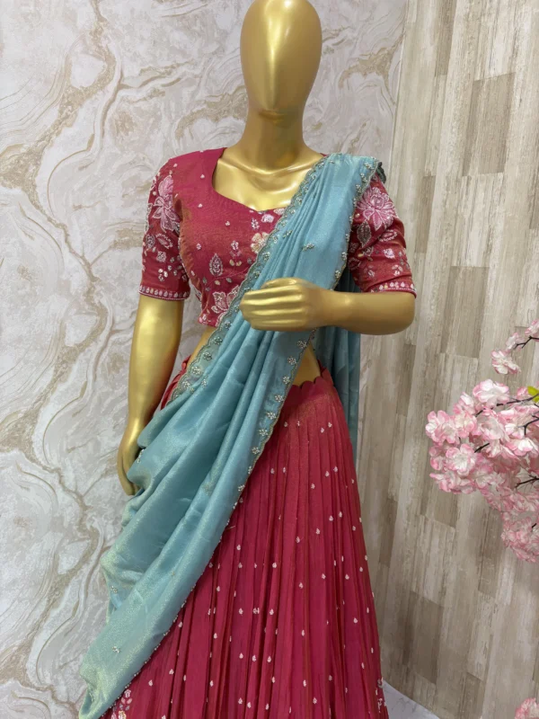 Bridal tissue hand work lehenga & blouse paired with contrast blouse
