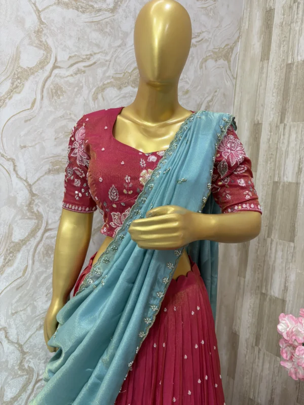 Bridal tissue hand work lehenga & blouse paired with contrast blouse